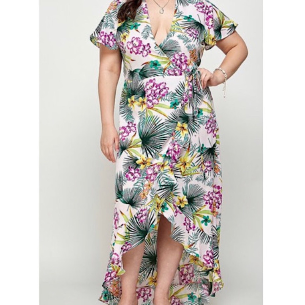 NWT Women's Plus Size Purple White Multi Tropical Print V Neck Wrap Dress Y2K